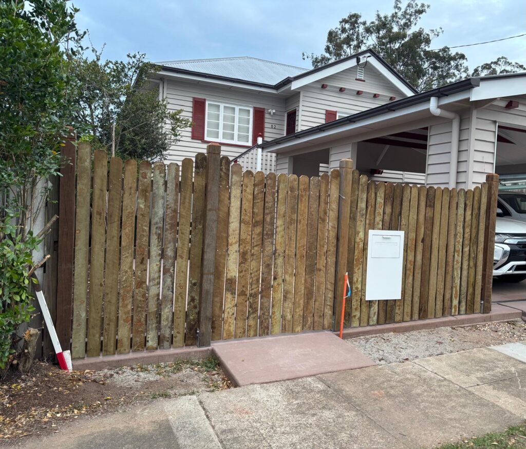 Hardwood pedestrian gate and customer-supplied mailbox in Tarragindi